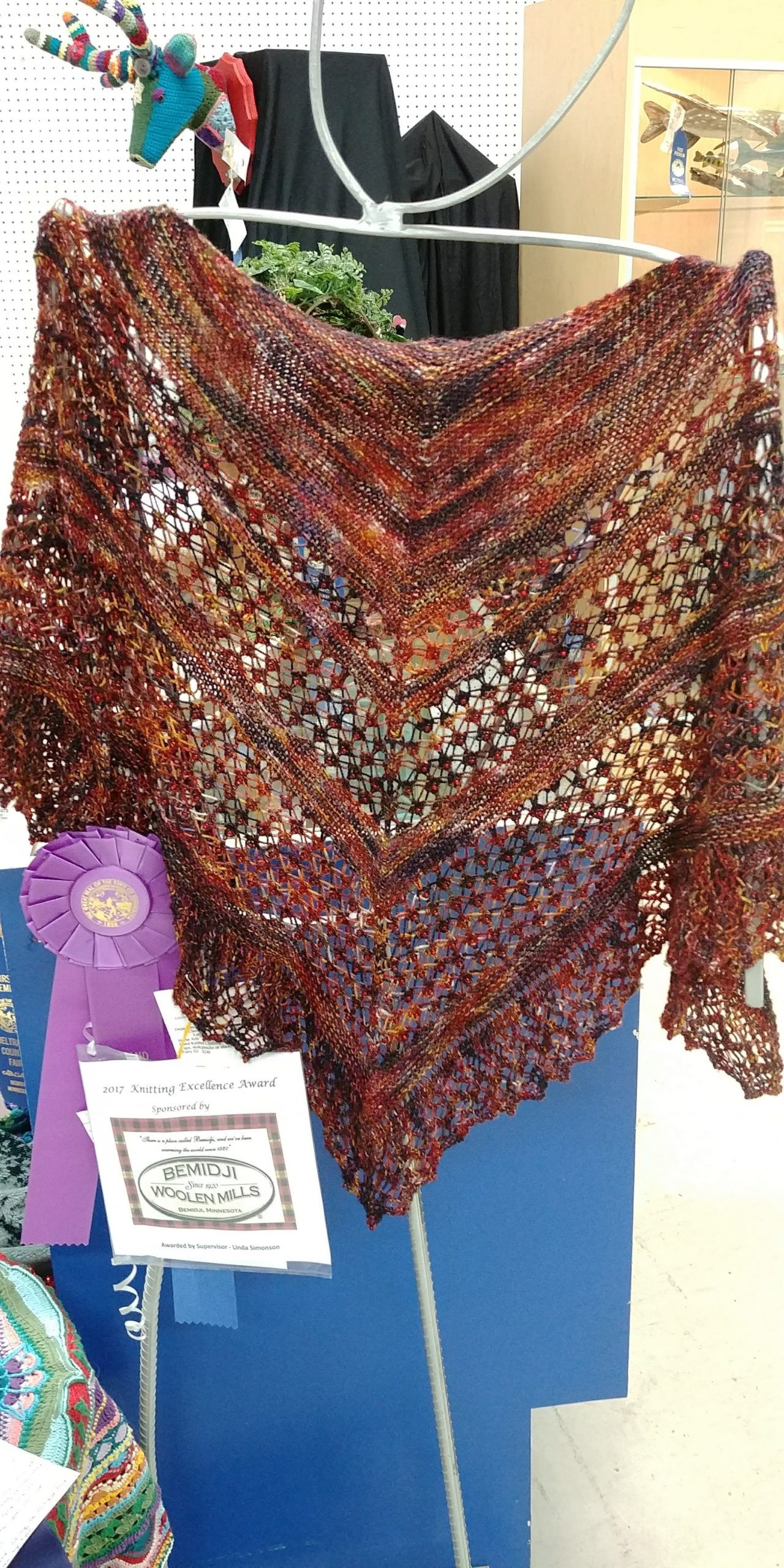 a beaded shawl knit with variegated red yarn hangs on a stand with a grand champion ribbon pinned to it and a 2017 award for knitting excellence