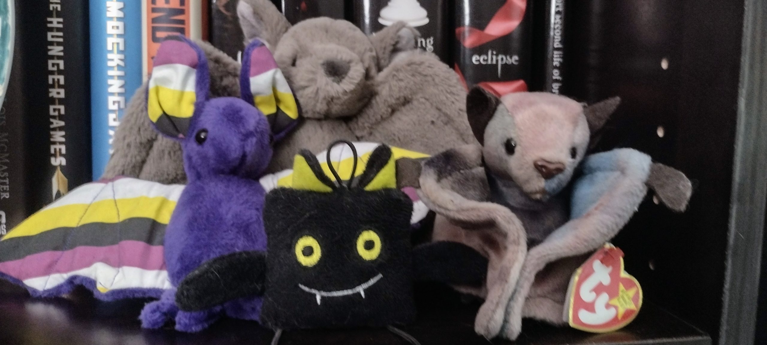 a colony of toy bats, one bears the colors of the non-binary flag, one is just a cute stuffed bat, one is a black cat toy with dangly legs, and one is the beanie baby: Batty.