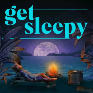 Logo for the podcast Get Sleepy, featuring a person with gray hair resting on a lounge chair listening to music beside a fire on a beach.