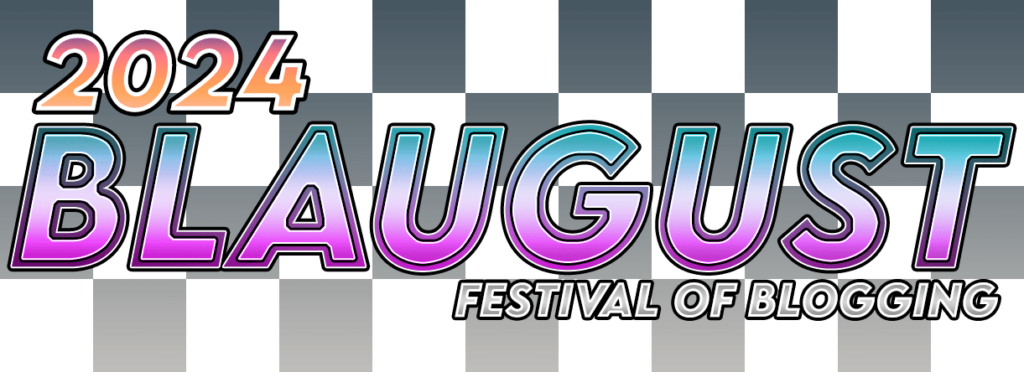 2024 Blaugust the festival of blogging logo with a black and white checkered background 